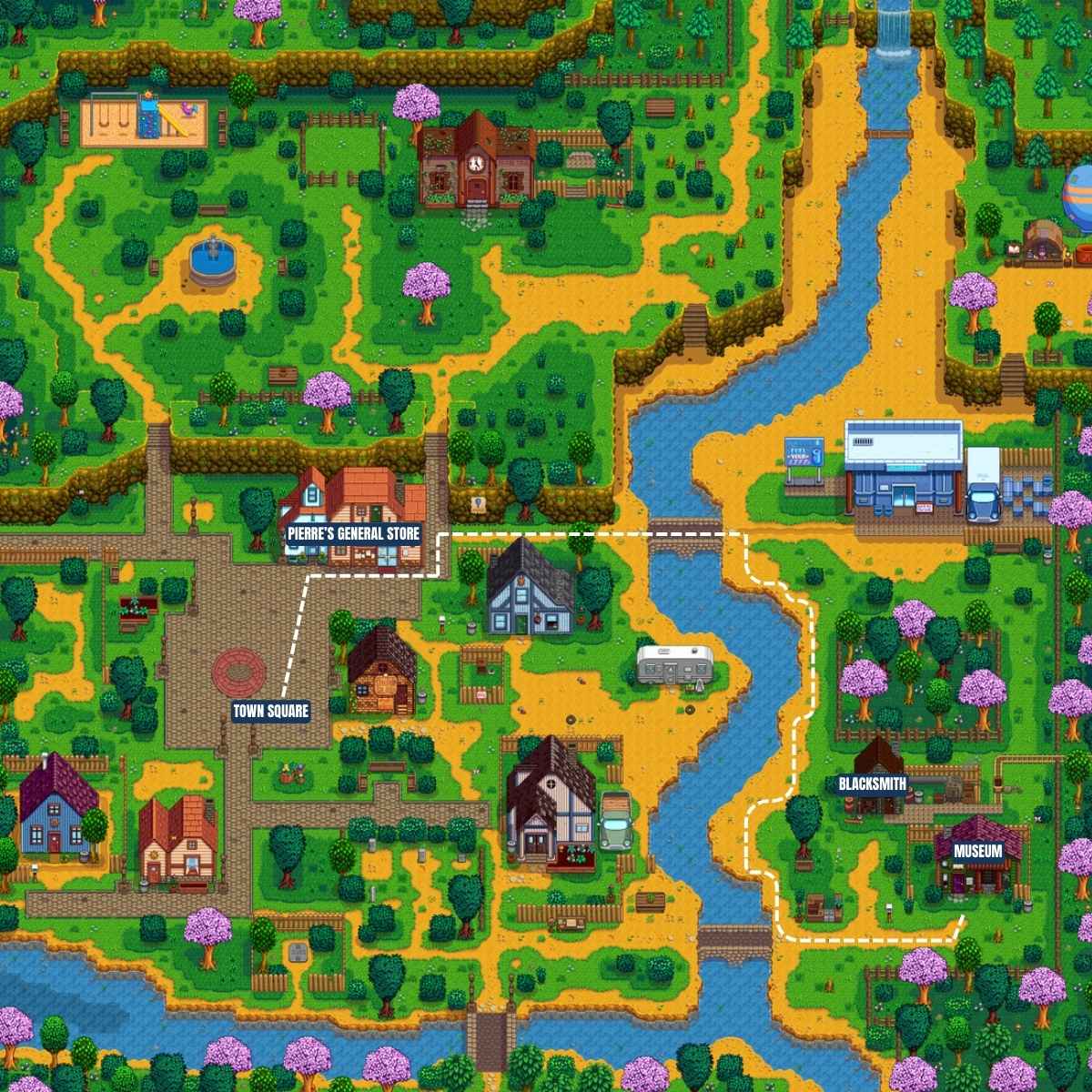 Map with a marked route to the museum in Stardew Valley